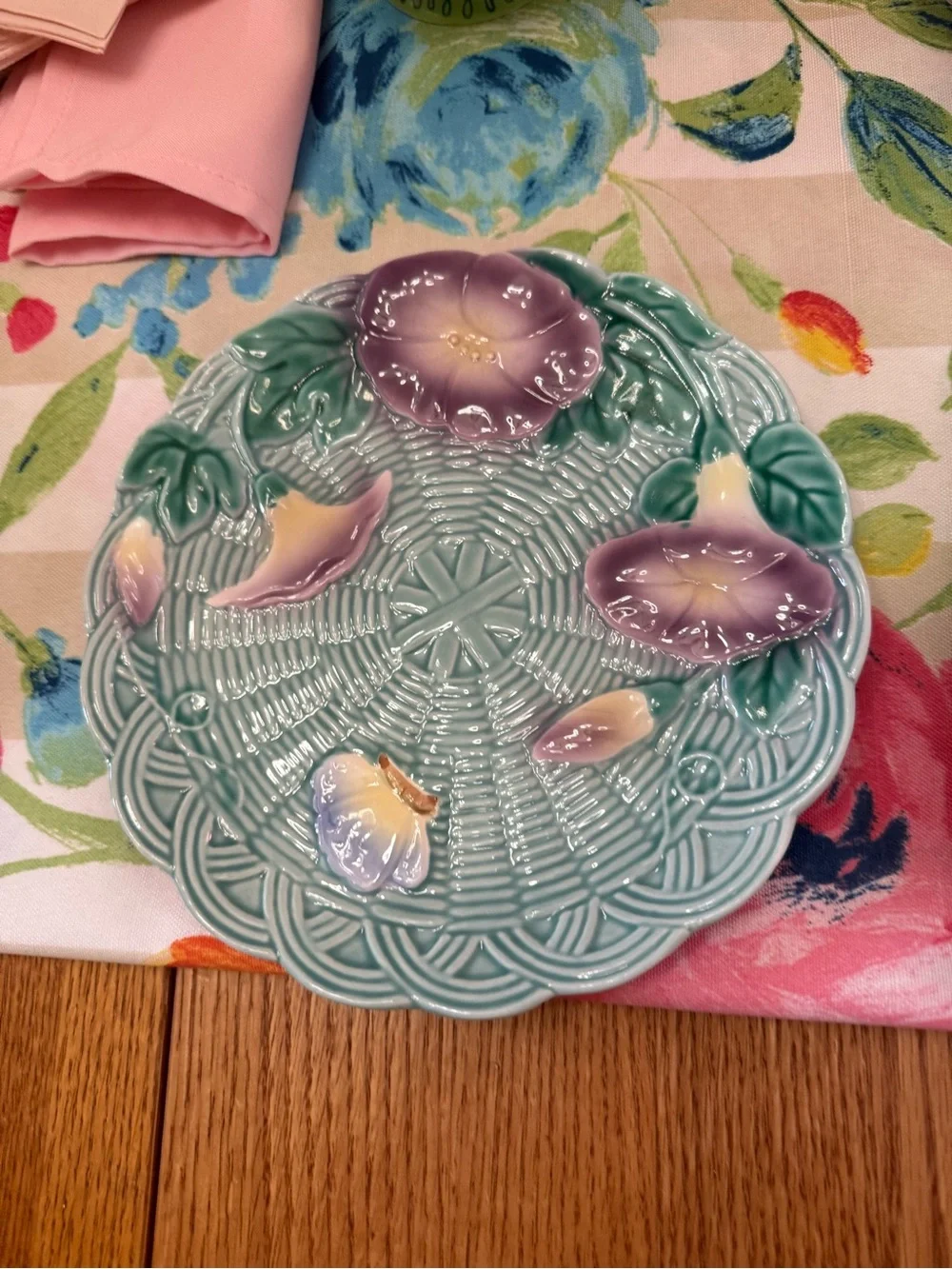 The Haldon Group Morning Glory 1989 Vintage Majolica Basket Weave Teal Set of 4